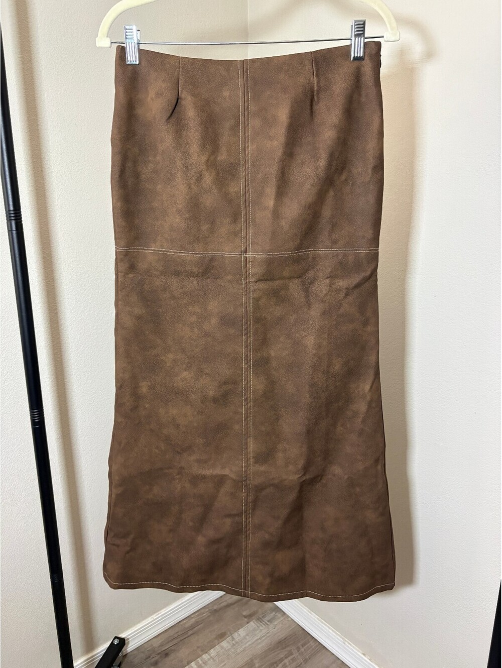 Brown Faux Suede Midi Skirt with Back, Size M